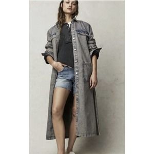 Free People Anna Lou Denim Duster Buttons Distressed Blue Gray Jacket Sz L